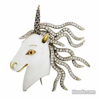 Unicorn pin, white gold, diamonds